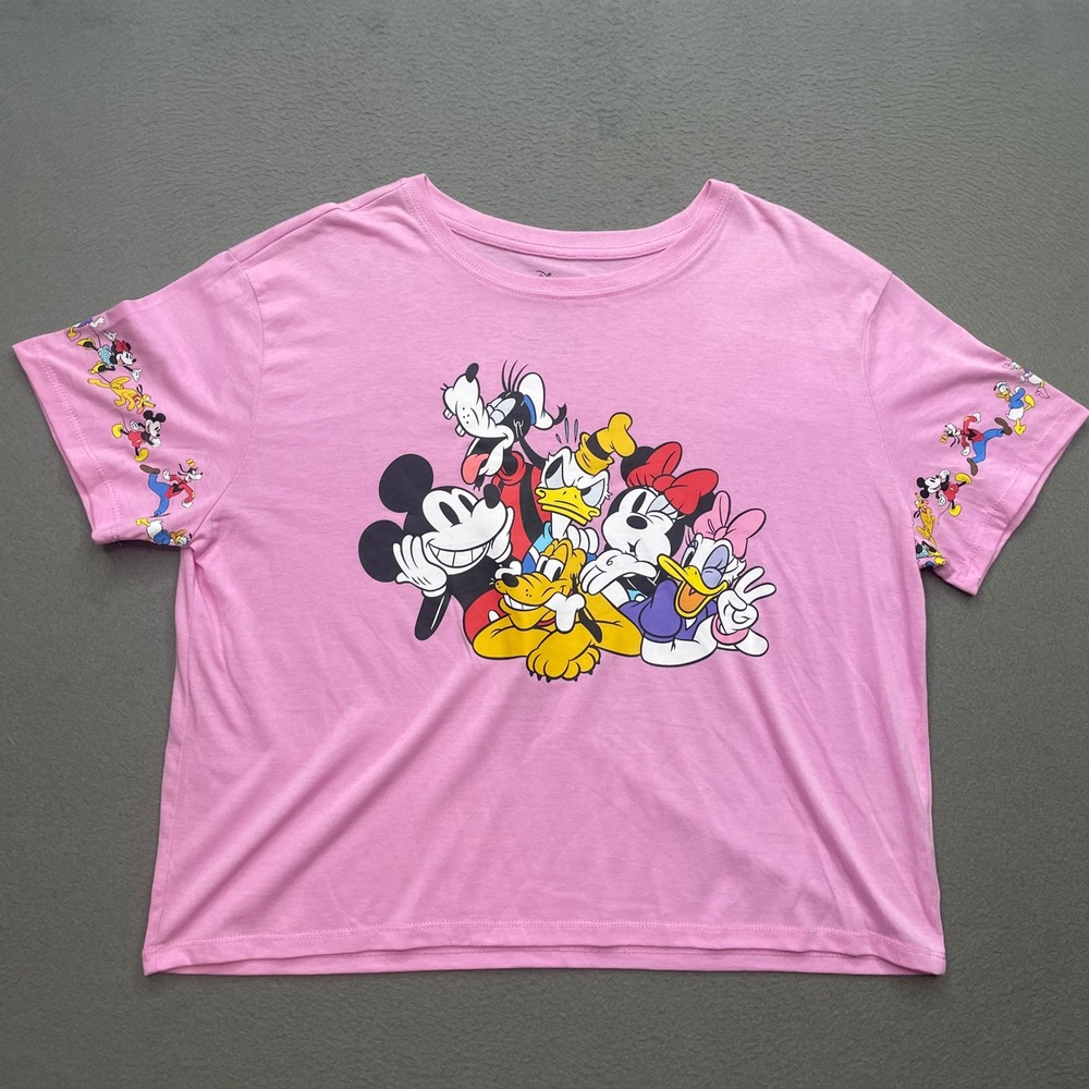 Disney Women T-Shirt Pink Cotton Blend XL Mickey Mouse Friends Graphic Boxy Tee